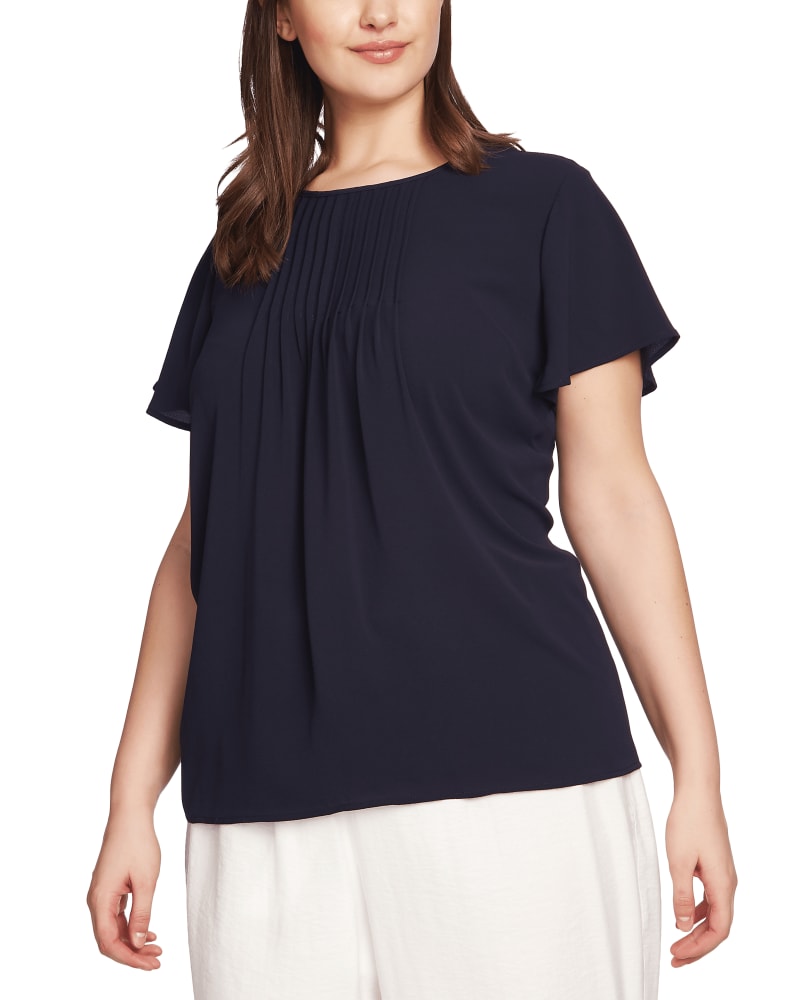 Front of a model wearing a size 1X Pamela Pintucked Blouse in 068-CAVIAR by CeCe. | dia_product_style_image_id:263477